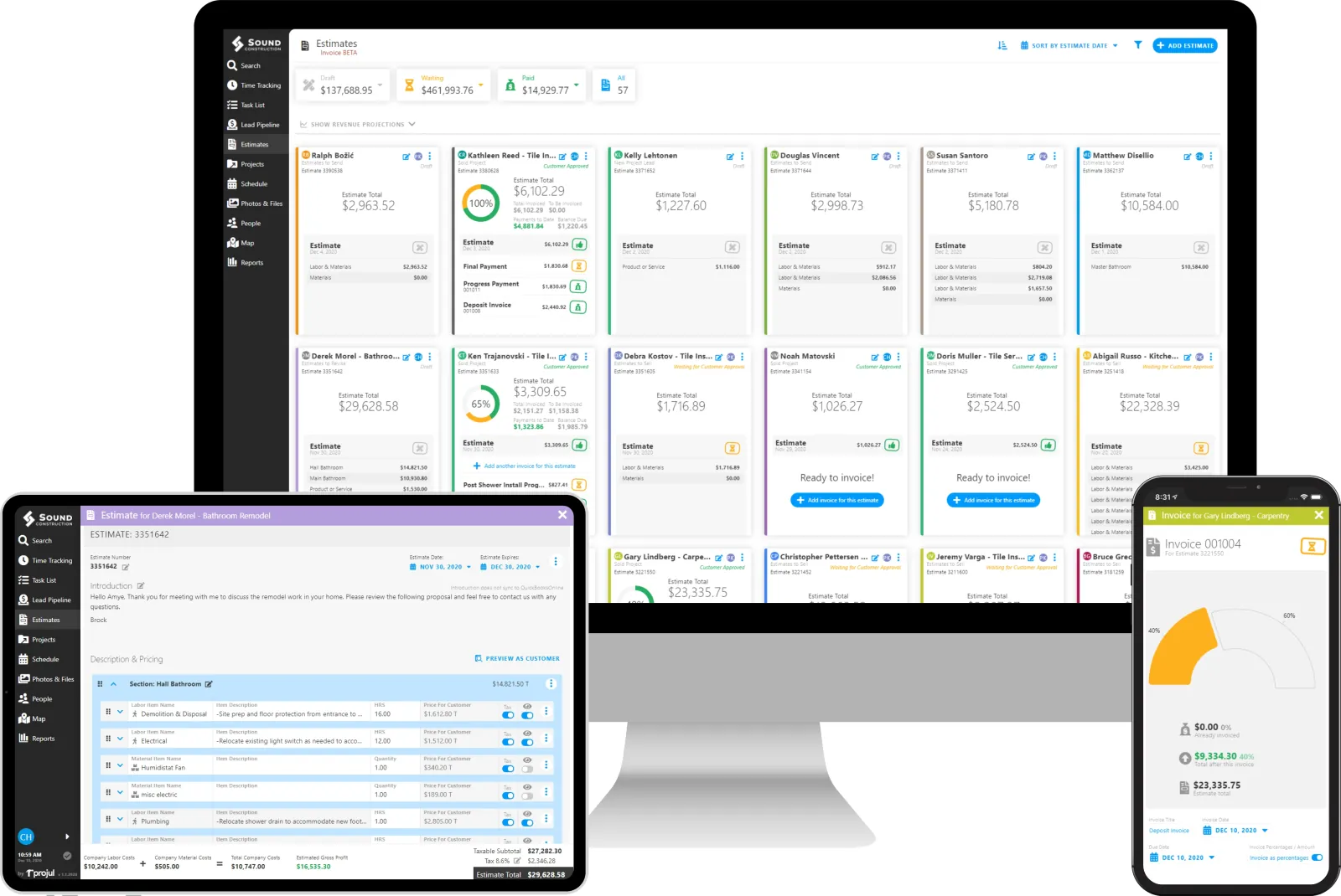 Projul’s estimates board: a card for each customer estimate showing its total, a progress ring for how much has been invoiced and paid, and its approval state; an open estimate editor itemising labour and material lines with costs, markup and customer pricing; and an invoice on a phone showing the share of the estimate total it covers.