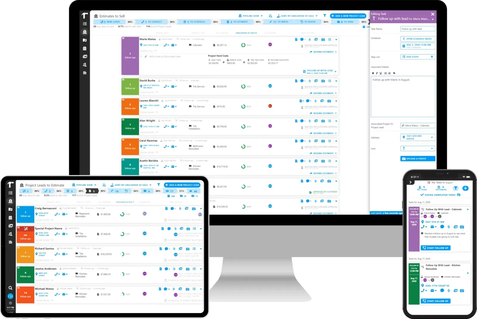 Projul’s lead pipeline: a stage bar running from new leads through contact, scheduling and estimating, above a list of leads that each show follow-up count, address, project type, estimated revenue and likelihood of sale, with the same pipeline on a tablet and the follow-up tasks it generates on a phone.