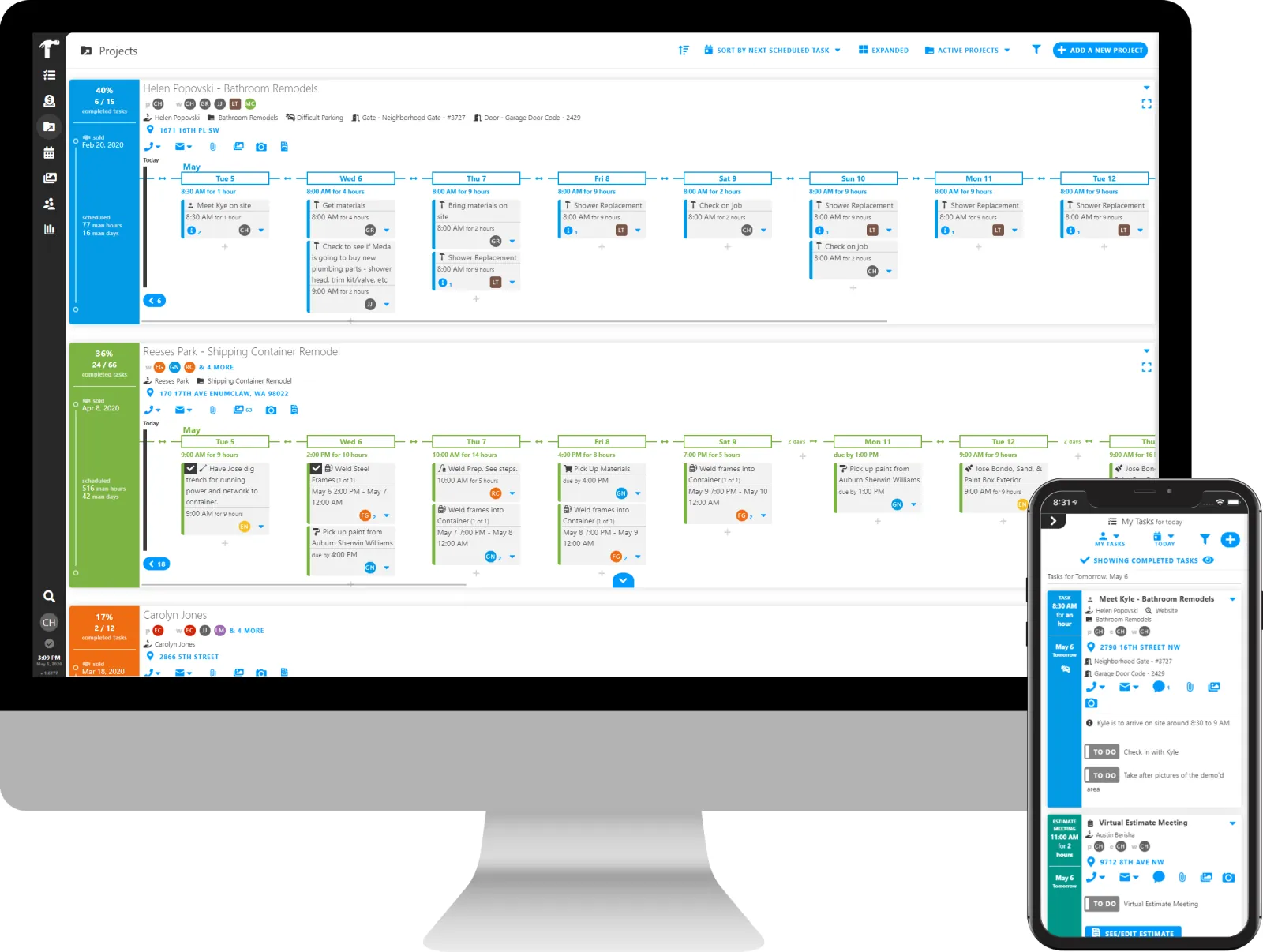 Projul’s project view: several jobs stacked vertically, each with completion percentage, crew avatars, address and scheduled hours, against a band of days carrying individual task cards, with the current day’s tasks shown on a phone alongside.