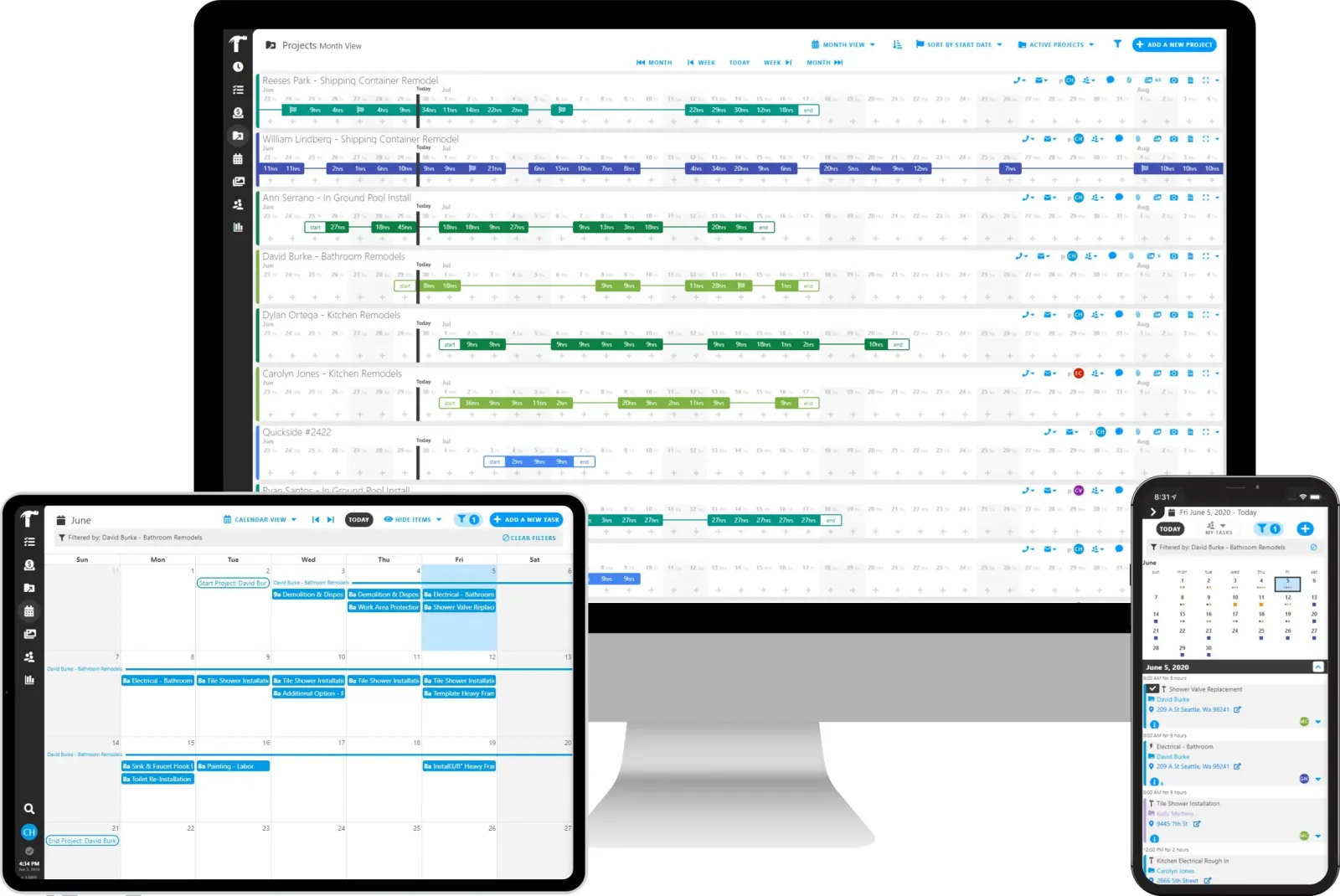 Projul’s scheduling views: a month timeline listing every active project as a row of coloured hour blocks across two months, the same schedule filtered to a single project as a month calendar on a tablet, and a phone showing one day’s tasks with their addresses, gate codes and durations.