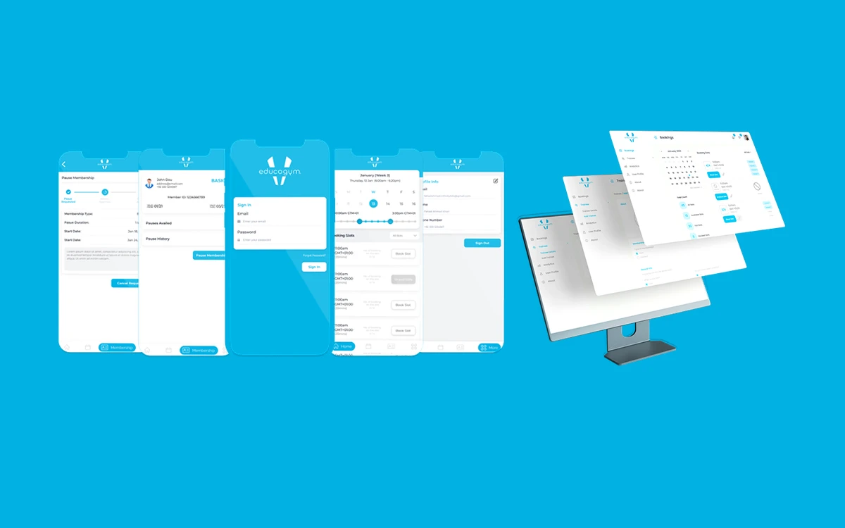 EducoGym product screens: the member app showing sign-in, membership pause and booking slots, beside the staff booking portal